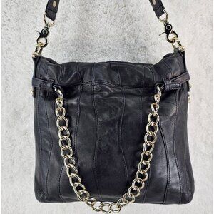 JUNIOR DRAKE Black Lambskin Leather Shoulder Bag with Gold Chain Accent Straps